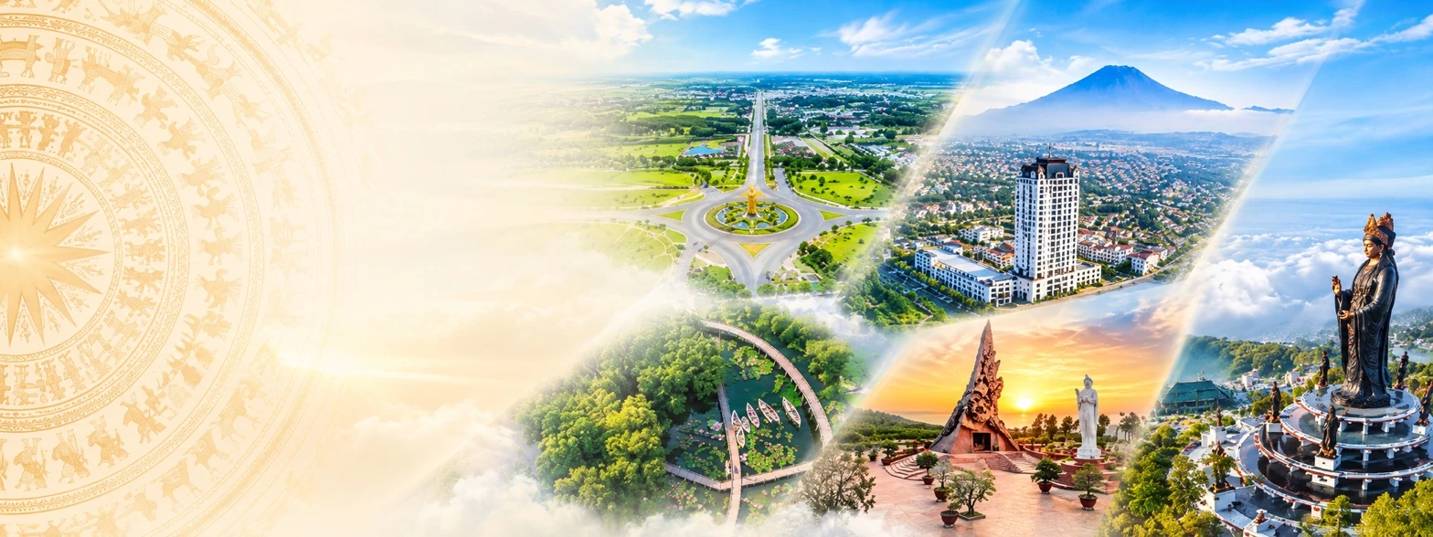 Banner Tây Ninh với trống đồng Đông Sơn bên trái, hồ nước ở giữa và tượng Phật Bà bên phải
